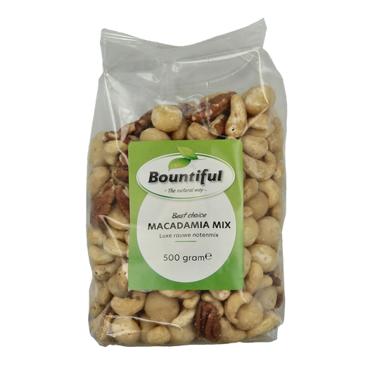 Raw Bountiful Macadamia mix in a 500g package, featuring a variety of whole and chopped macadamia nuts for superfood snacking.
