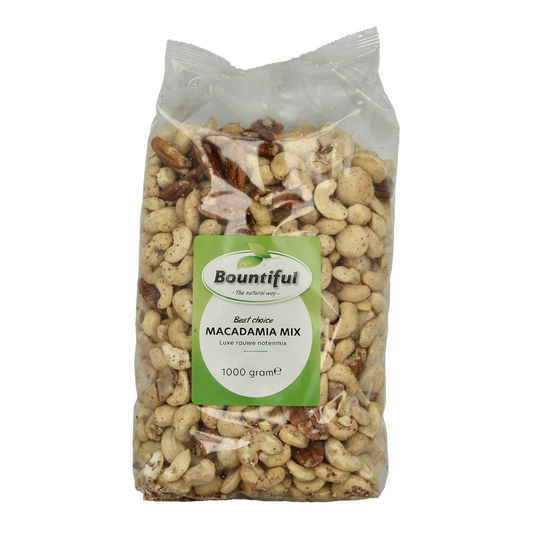 Raw Bountiful Macadamia mix in a 1kg package, featuring a variety of crunchy, nutritious superfoods and nuts.