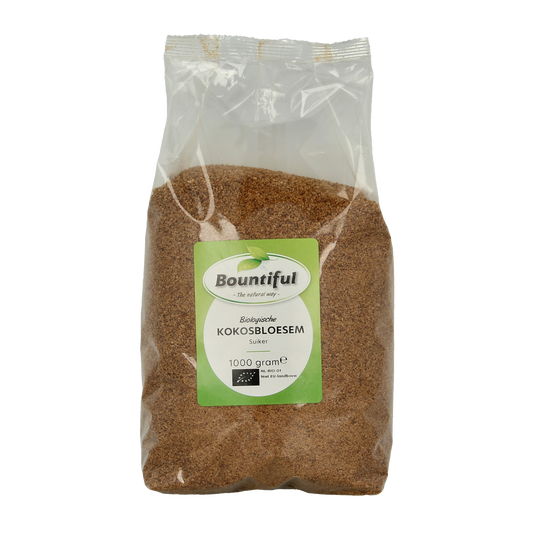 Bountiful bio kokosbloesemsuiker in 1kg pack, natural sweetener from coconut blossoms, in a clear bag with label.