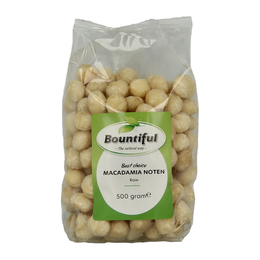 Raw Bountiful Macadamia nuts in a 500g package, highlighting their natural, crunchy texture and fresh superfood quality.