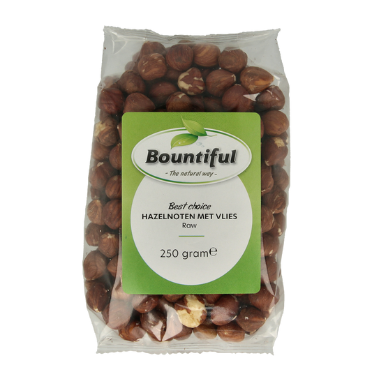 Raw Bountiful hazelnuts in a 250g package, natural brown hazelnuts for superfoods and healthy snacking.