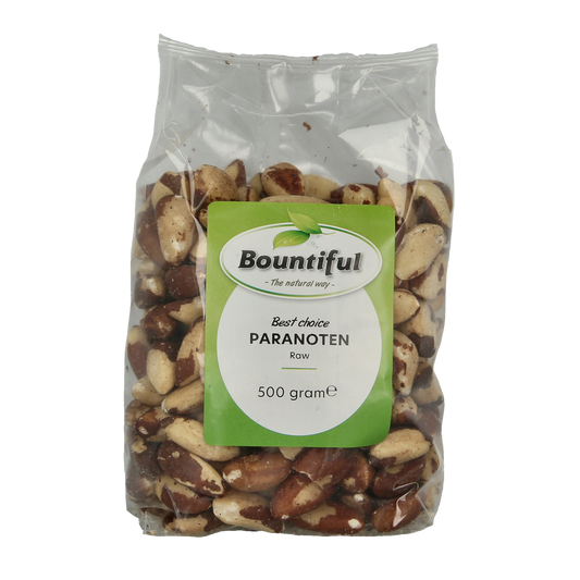Bountiful Paranoten raw superfood in 500g package, showing fresh, natural Paranoten nuts in clear view.