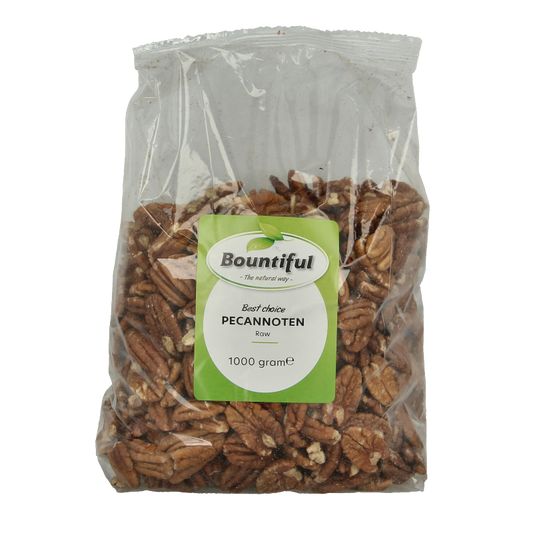 Raw pecannoten from Bountiful superfoods in a 1 kilogram package, showcasing fresh, whole pecans with a rich, nutty appearance.