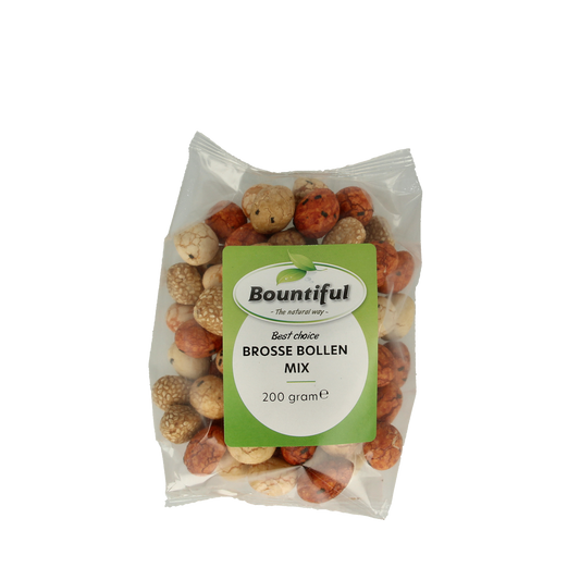 Bountiful Brosse bollen mix chips en zoutjes in a 200g bag, showing colorful snack pieces and branding on the package.
