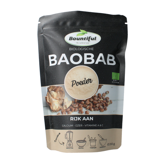 Organic Bountiful Baobab powder in 200g package, natural herbal supplement for nutrition and health.