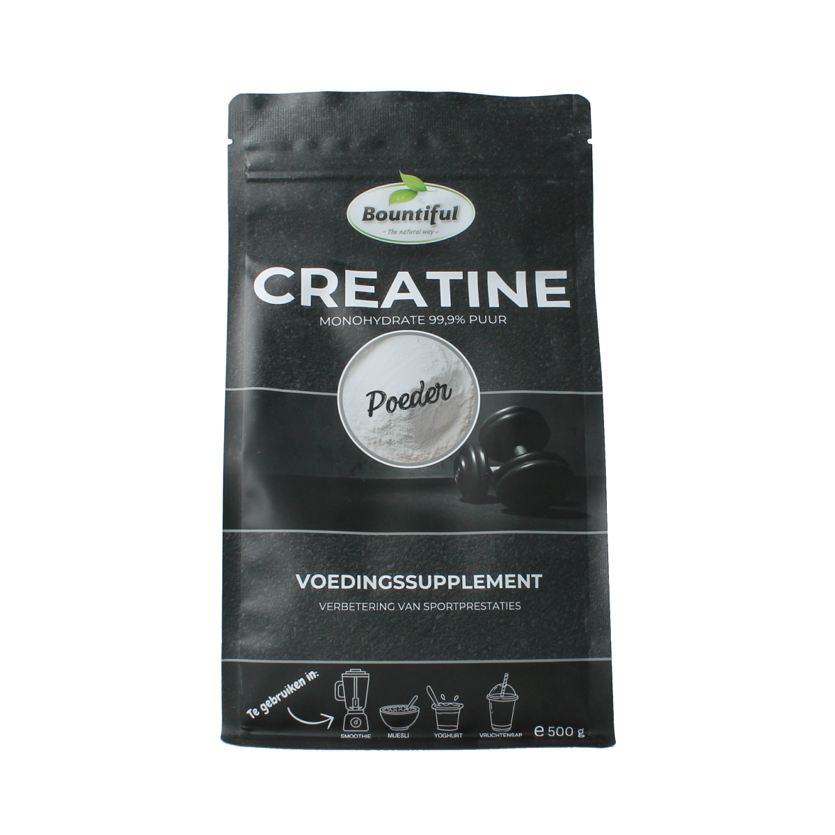 Bountiful Creatine Monohydrate powder in 500g container, amino acids supplement for muscle support, shown in the image.