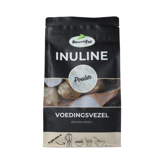 Bountiful Inuline powder, 500 grams, raw superfood supplement with white, fine, powder texture in a clear container.