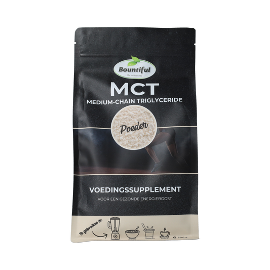 Bountiful Bountiful MCT powder 500g container showing the label and product packaging for healthy fats and energy.