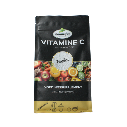 Bountiful Vitamin C powder ascorbic acid in a 1000g container, natural orange-colored powder for health and supplement use.