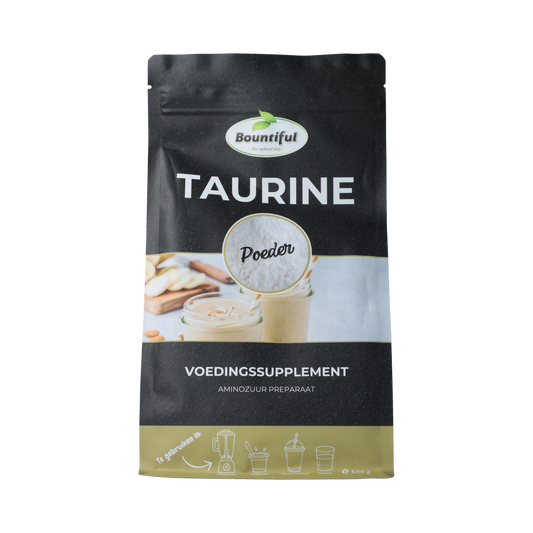 Bountiful Taurine powder in 500g package, amino acid supplement with natural white powder appearance.