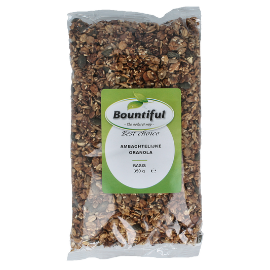 Bountiful Ambachtelijke granola basis 350g, natural breakfast cereal with oats and nuts in a clear bowl