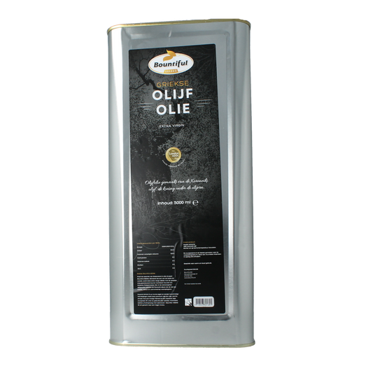 Bountiful Greek olive oil in a 5-liter can, premium extra virgin oil for cooking and dressings, in a natural green color.