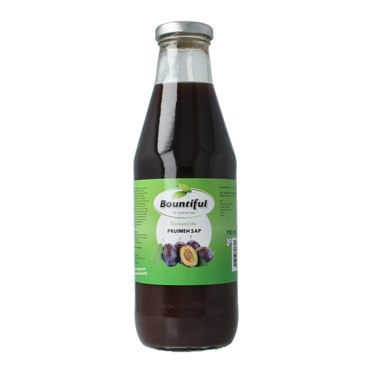 Bountiful Pruimensap 750ml bottle of drink and juice, with colorful label and transparent bottle showing the liquid inside.