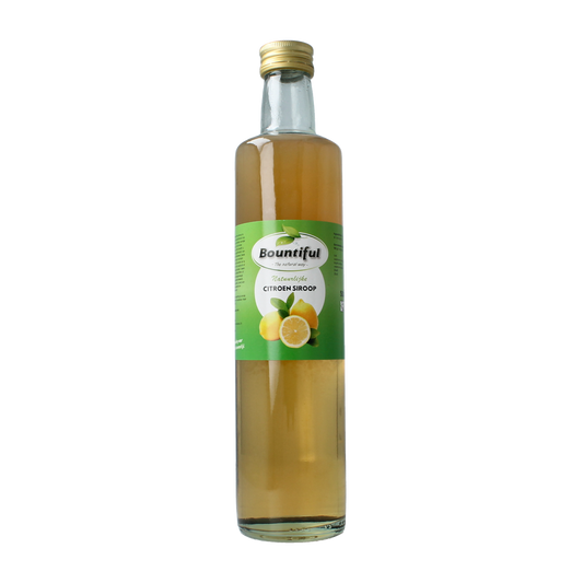 Bountiful Citroen siroop bottle, 500ml, in a clear container with a lemon-themed label for drinks and juice use.