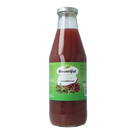 Bountiful Bountiful Rabarbersap 750ml bottle with vibrant red rhubarb juice inside, label showing brand and product details.