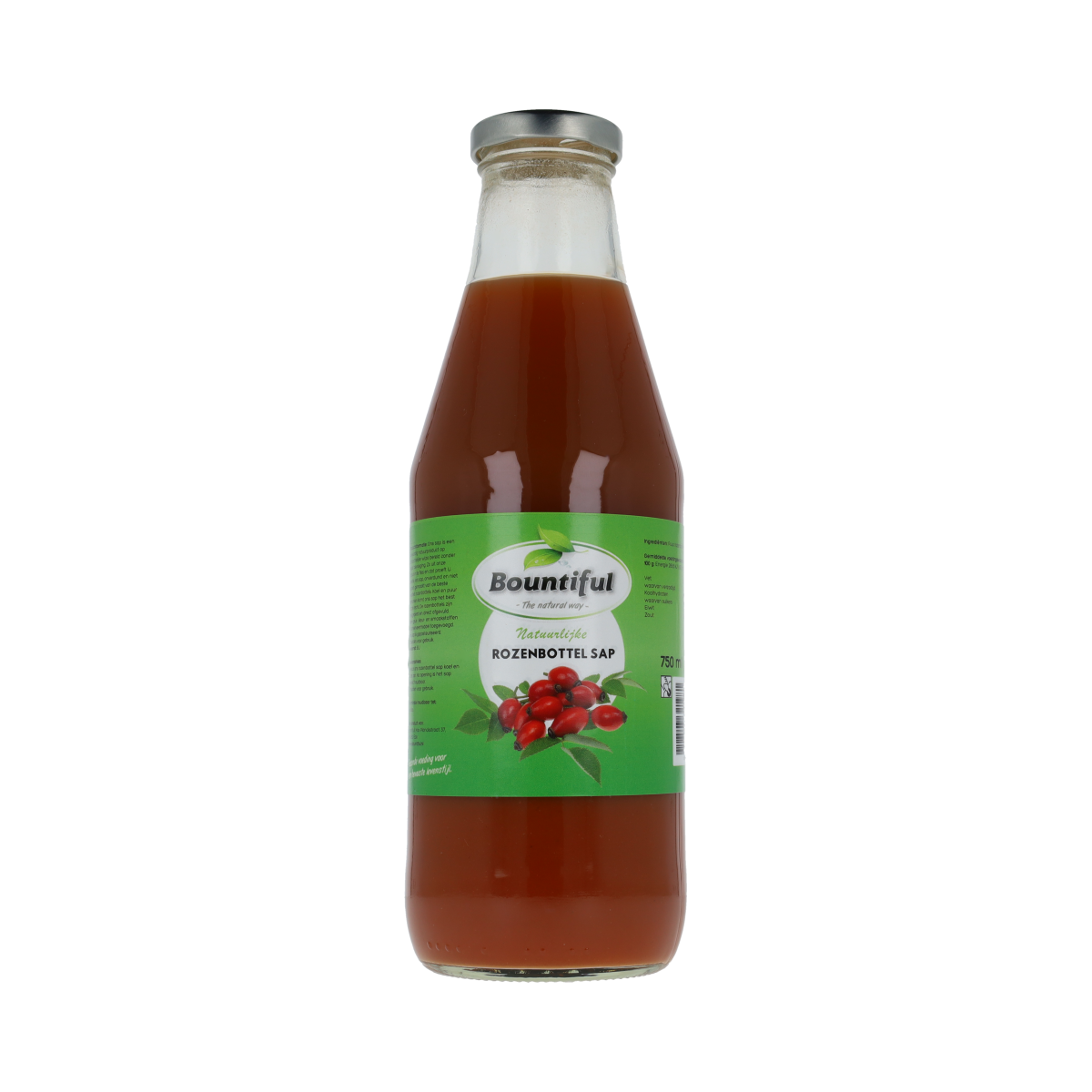 Bountiful Rozenbottelsap 750ml bottle of rosehip juice in clear glass with label, for drinks and juices.