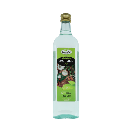 Bountiful Bountiful MCT Olie C8 coconut oil with 99% caprylic acid, 1000ml bottle, in a clear plastic container.