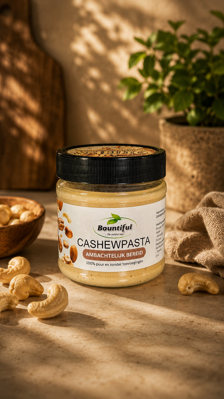 Bountiful cashew nut spread on bread, 350g jar, creamy and roasted cashew nuts, ideal for sandwich or snack topping.