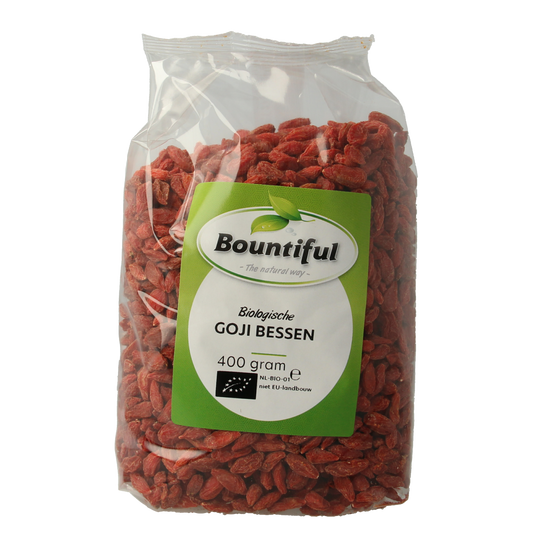 Bountiful organic goji berries in a 400g package, raw superfood with vibrant red dried berries on a white background.