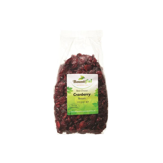Raw Bountiful Cranberry Bessen superfood in 500g bag, vibrant red dried berries for healthy eating and smoothies.