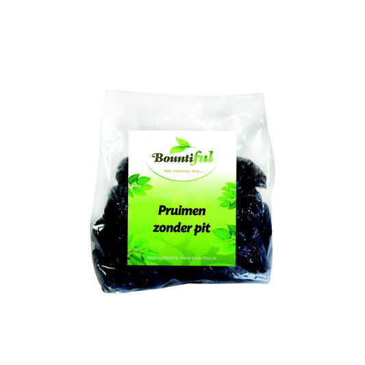 Bountiful raw pitted prunes in a 500g package, healthy superfoods from the Bountiful brand, shown in a clear image.