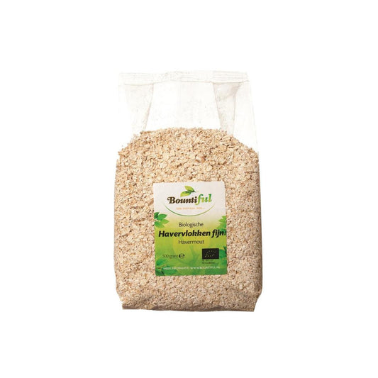 Bountiful Bountiful Havervlokken fijn bio, 500g, organic breakfast oats in a clear jar with a white background