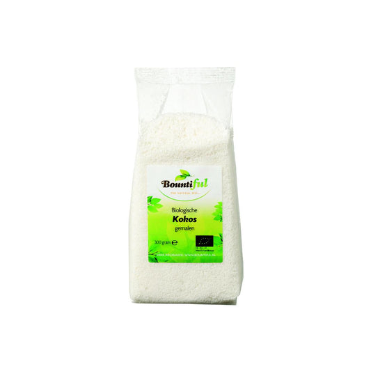 Bountiful Bountiful Kokos gemalen bio, 300g, organic shredded coconut in a clear package, suitable for cooking and baking.