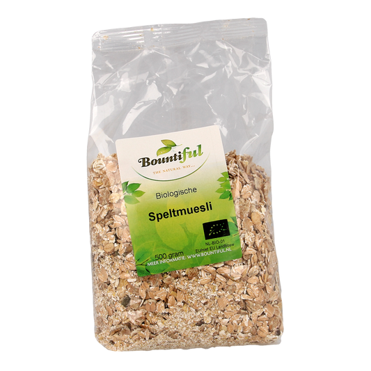 Bountiful organic spelt muesli in a 500g package, featuring whole grains and a natural breakfast cereal from Bountiful.