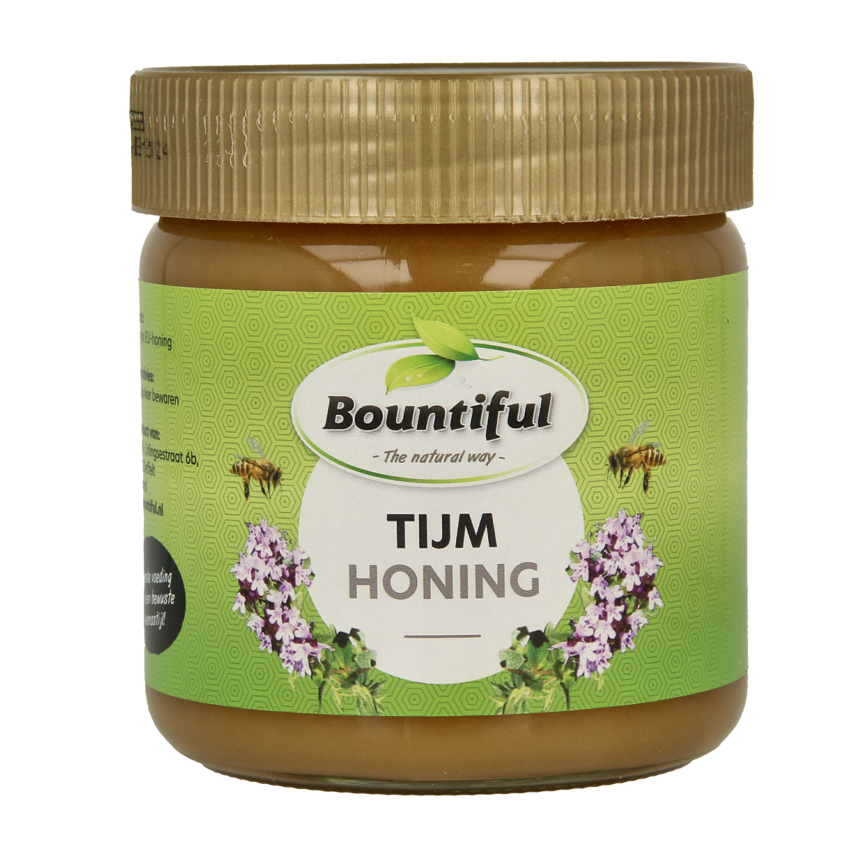 Bountiful Tijm honing spice jar with 500g of dried thyme herbs in clear packaging, labeled for culinary use.