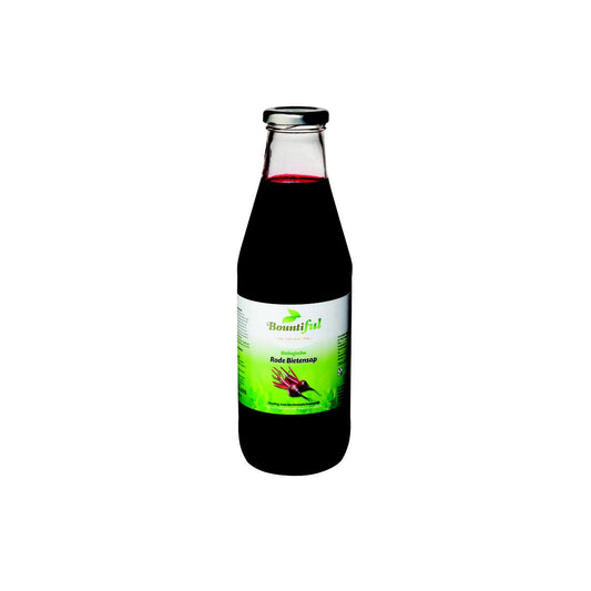 Bountiful Rode bietensap bio 750ml bottle, organic beetroot juice in a clear glass bottle with a label and cap