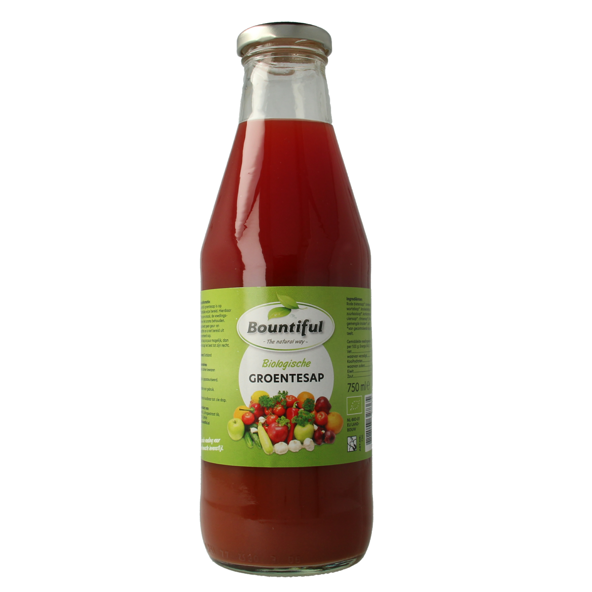 Bountiful organic vegetable juice bottle, 750ml, in a clear container showing vibrant vegetable blend inside.