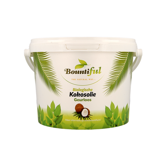 Bountiful geurloze biologische kokosolie in 2-liter container, pure cooking oil with no scent, suitable for baking and frying.