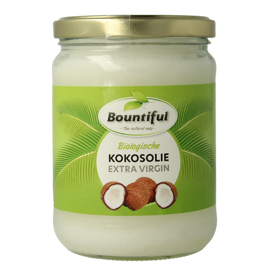 Bountiful extra virgin organic coconut oil in a 500ml bottle, natural and unrefined, suitable for cooking and skincare.