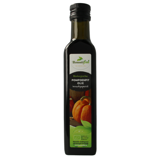 Bountiful organic pumpkin seed oil in a 250ml bottle, rich in healthy fats, with a dark glass bottle and label visible.