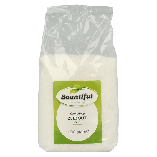Bountiful Zeezout grof 1kg, coarse sea salt, in a clear container with a natural textured appearance, part of kruiden en zoutmixen.