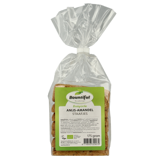 Bountiful Bountiful Anijs Amandel Staafjes bio koeken, 175g, with almond and anise flavors, displayed on a white background.