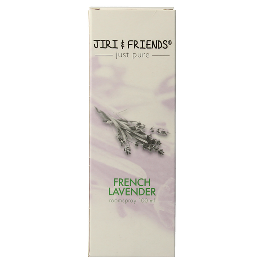 Jiri & Friends lavender aromatherapy spray bottle with 100ml of essential oil, featuring a clear spray nozzle and label.