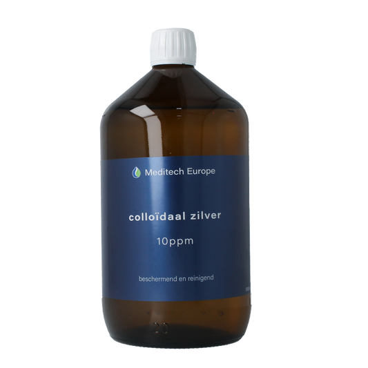Meditech Colloidal Silver Water 1 Liter bottle for body care, clear liquid in a transparent container.