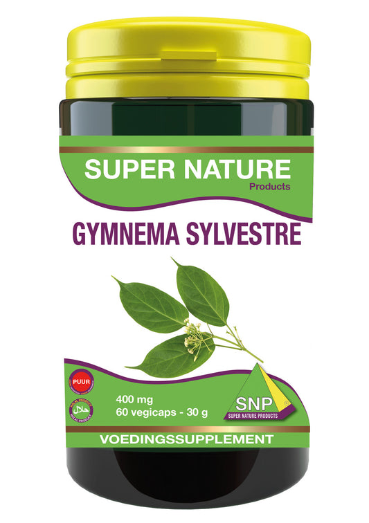 SNP Gymnema sylvestre 400mg vegetarian capsules, herbal supplement in a white bottle with label.