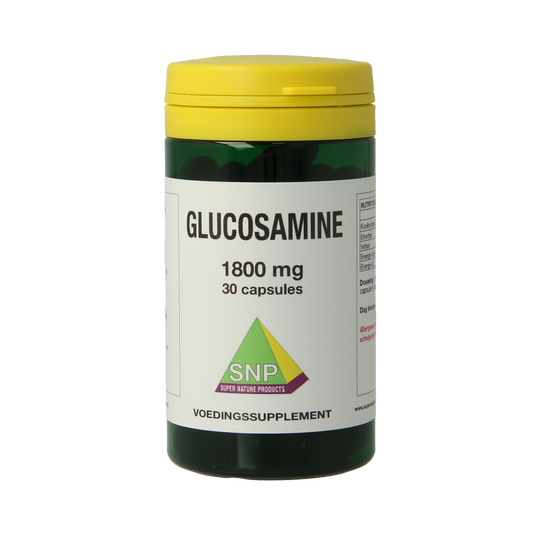 SNP Glucosamine 1800 mg mineral capsules in a white bottle with a label showing supplement details and dosage.