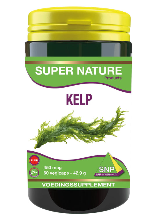 SNP Kelp Jodium Puur 450 mcg vegetarian mineral capsules, close-up of the bottle and capsules in a natural setting