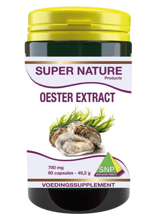 SNP Oester extract 700 mg mineral supplement capsules, showing 60 capsules in a clear container on a white background.