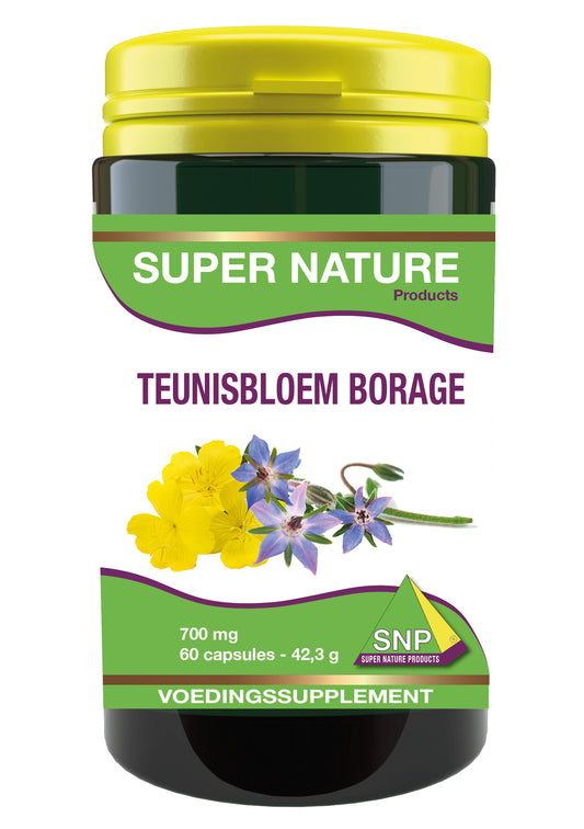 SNP Teunisbloem & Borage 700 mg capsules, dietary supplement with omega fatty acids, in a bottle with 60 capsules.
