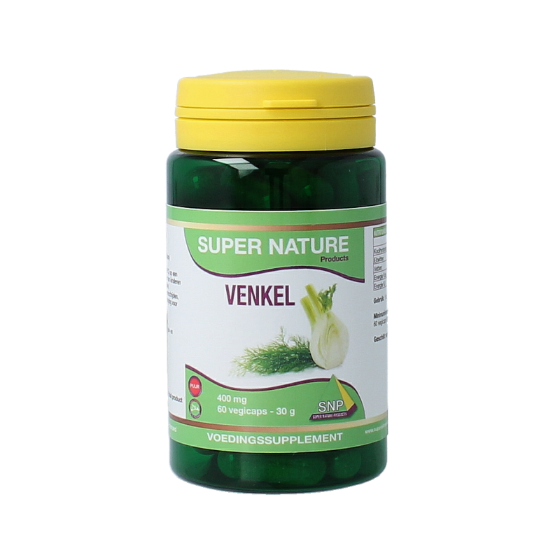 SNP Venkel 400 mg puur vegetarian capsules in a bottle, herbal supplement for digestion and stomach comfort.