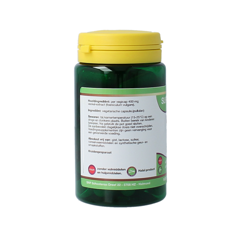 SNP Venkel 400 mg puur vegetarian capsules in a bottle, herbal supplement for digestion and natural wellness.