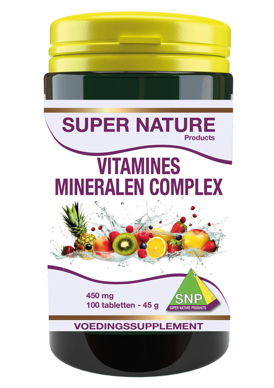SNP Vitamines mineralen complex 450mg multivitamin tablets, showing 100 tablets in a bottle.