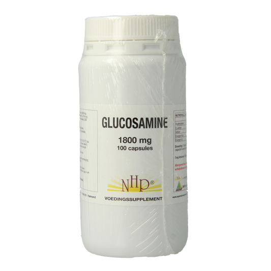 NHP Glucosamine 1800mg mineral supplement capsules, 100-count, showing white capsules in a bottle on a white background