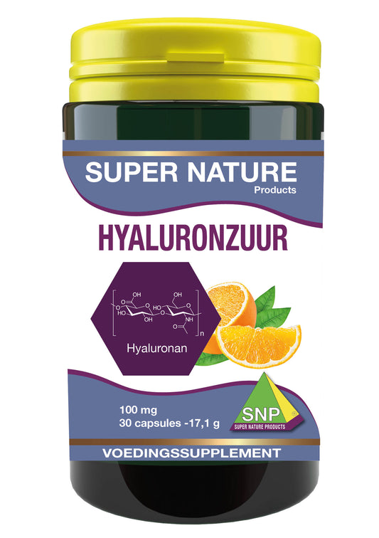 SNP Hyaluronzuur 100mg multivitamin capsules in a bottle, showing 30 capsules for skin hydration and joint support.