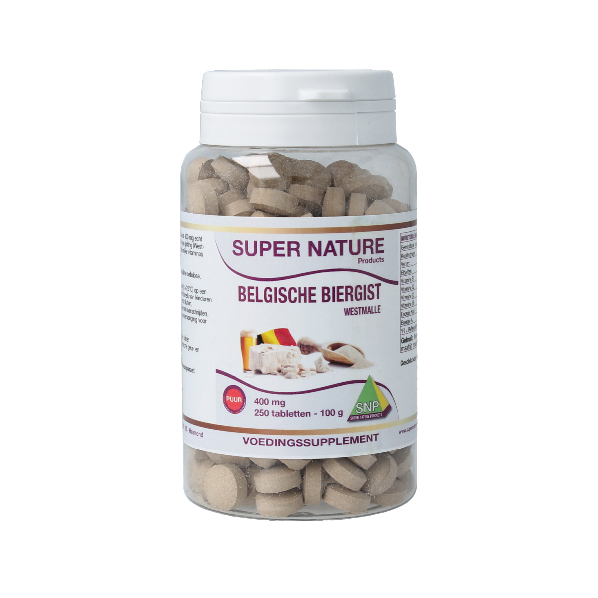 SNP Belgische biergist 400 mg supplement in a bottle, containing 250 tablets, in a clear container with label visible.