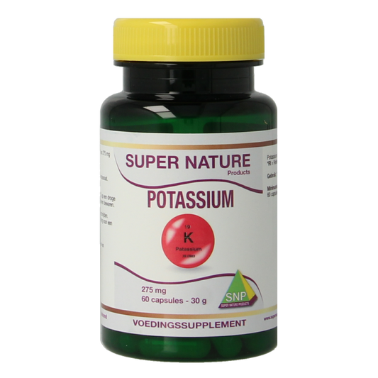 SNP Potassium Citrate 275mg mineral capsules in a white bottle with label, designed for mineral supplementation.